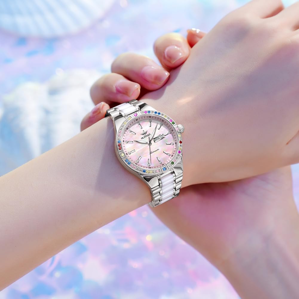 OLEVS Womens Watch Fashion Dress Diamond Female Watches for Ladies Analog Quartz Stainless Steel Waterproof Luminous Day Date Two Tone Wristwatch