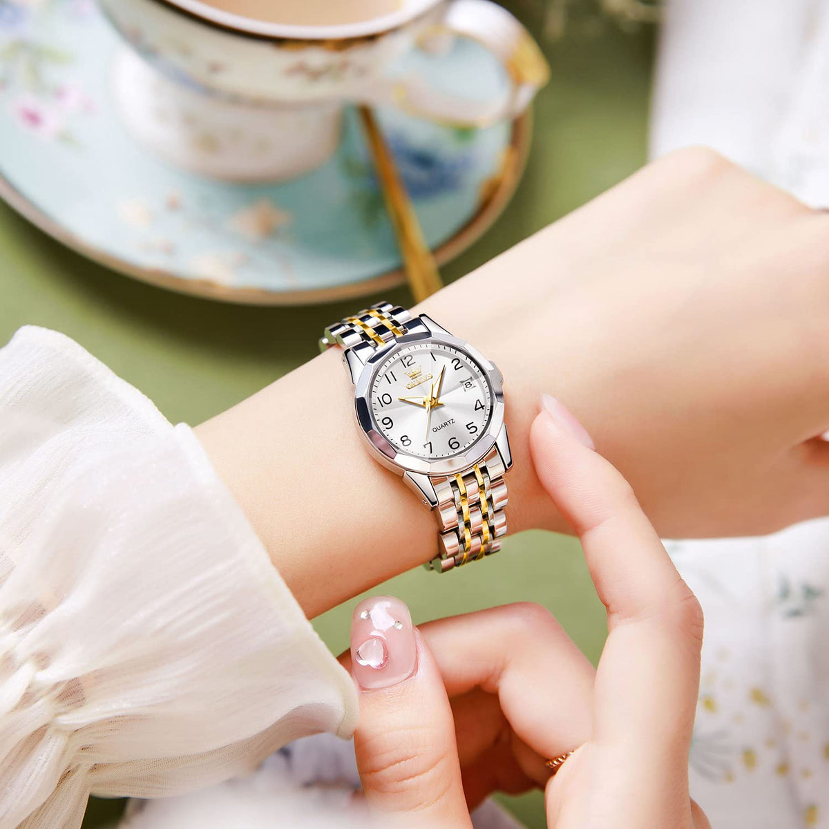 OLEVS Womens Watch Fashion Dress Diamond Female Watches for Ladies Analog Quartz Stainless Steel Waterproof Luminous Day Date Two Tone Wristwatch