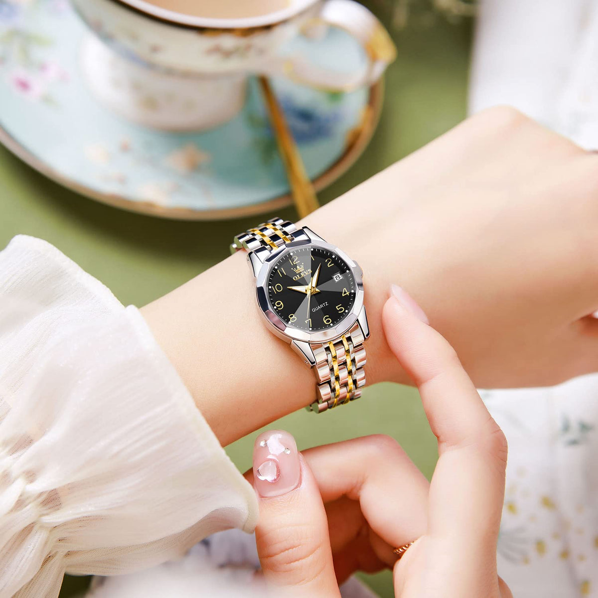 OLEVS Womens Watch Fashion Dress Diamond Female Watches for Ladies Analog Quartz Stainless Steel Waterproof Luminous Day Date Two Tone Wristwatch