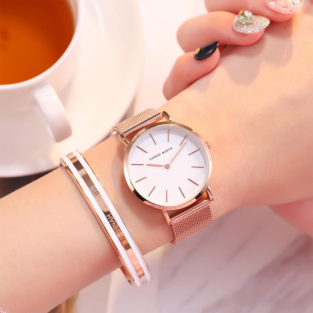 HANNAH MARTIN Watches for Women Analog Women's Watch with Stainless Steel Expansion Band Minimalist Slim Dial 30M Waterproof Ladies Dress Wristwatch for Casual Daily Business