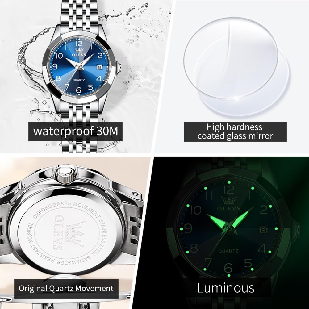 OLEVS Womens Watch Fashion Dress Diamond Female Watches for Ladies Analog Quartz Stainless Steel Waterproof Luminous Day Date Two Tone Wristwatch