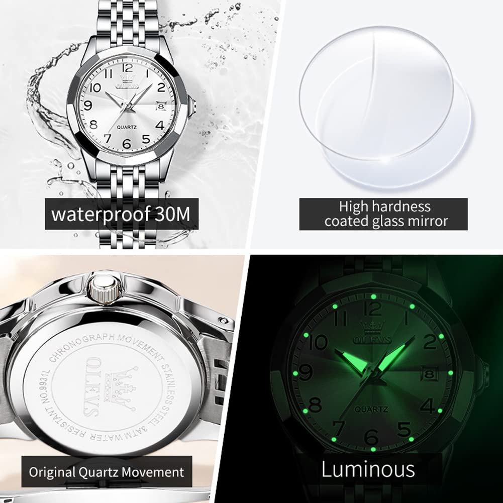 OLEVS Womens Watch Fashion Dress Diamond Female Watches for Ladies Analog Quartz Stainless Steel Waterproof Luminous Day Date Two Tone Wristwatch