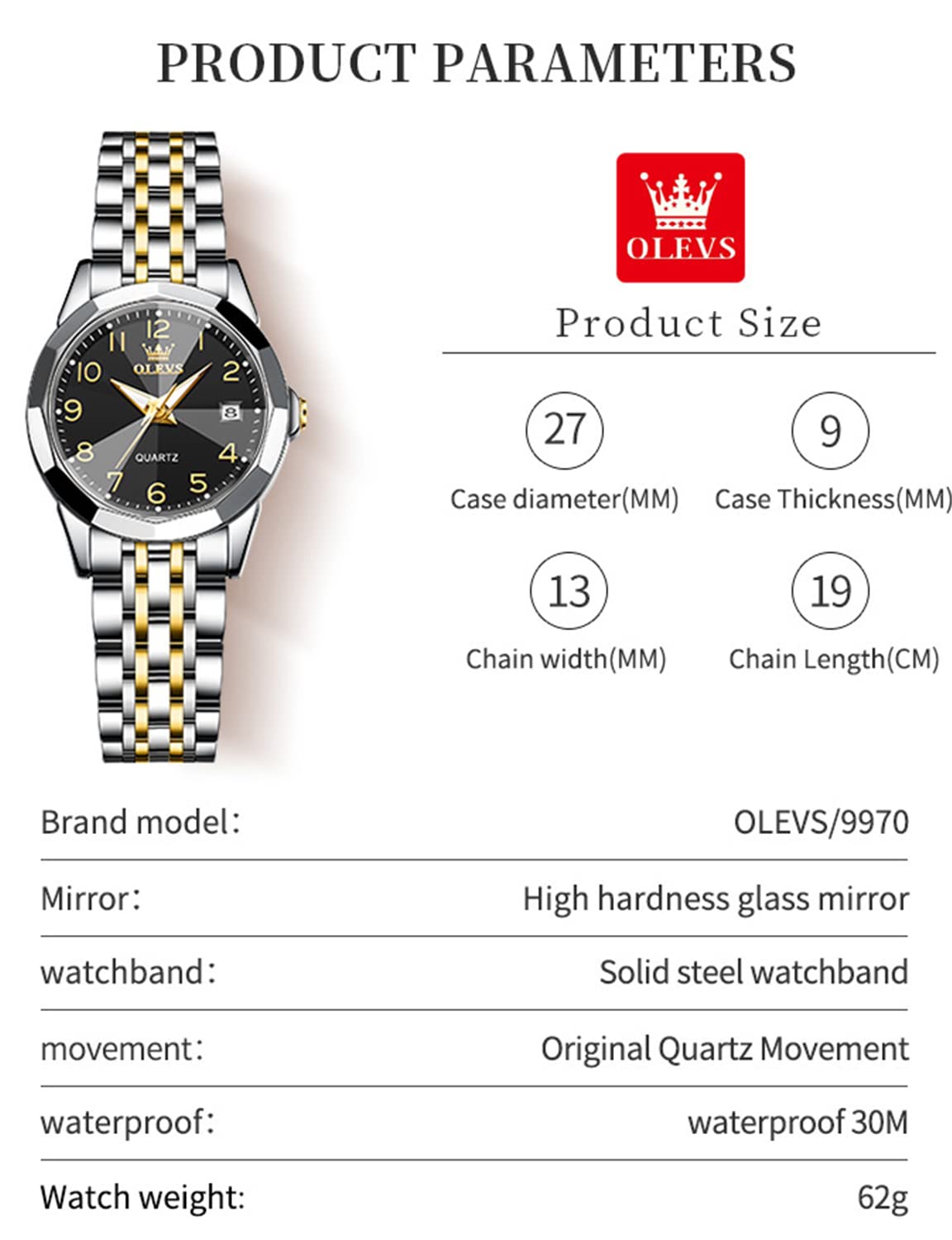 OLEVS Womens Watch Fashion Dress Diamond Female Watches for Ladies Analog Quartz Stainless Steel Waterproof Luminous Day Date Two Tone Wristwatch