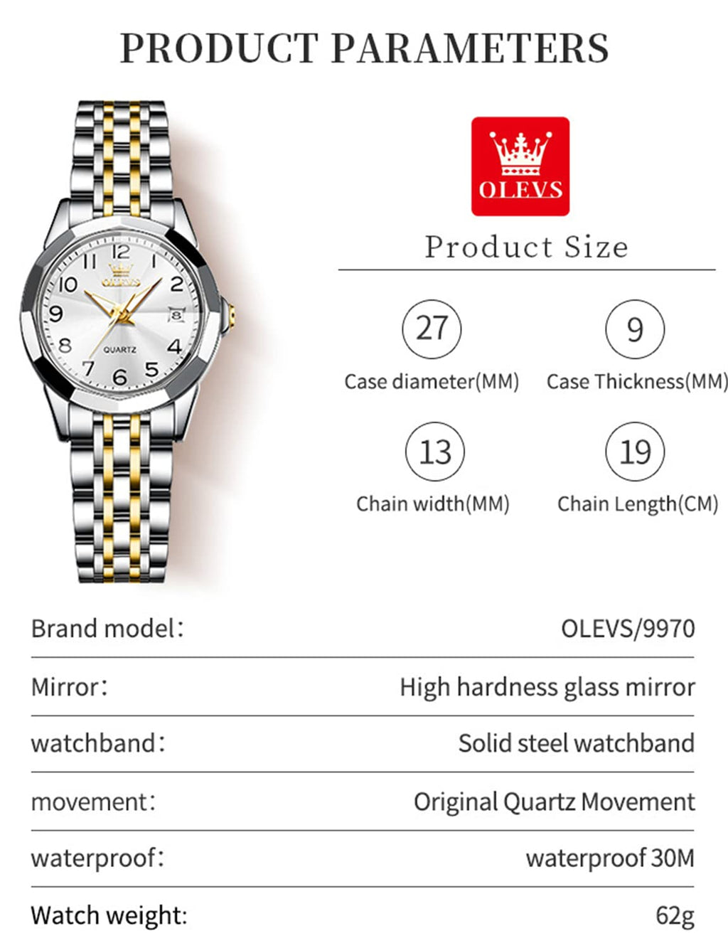 OLEVS Womens Watch Fashion Dress Diamond Female Watches for Ladies Analog Quartz Stainless Steel Waterproof Luminous Day Date Two Tone Wristwatch