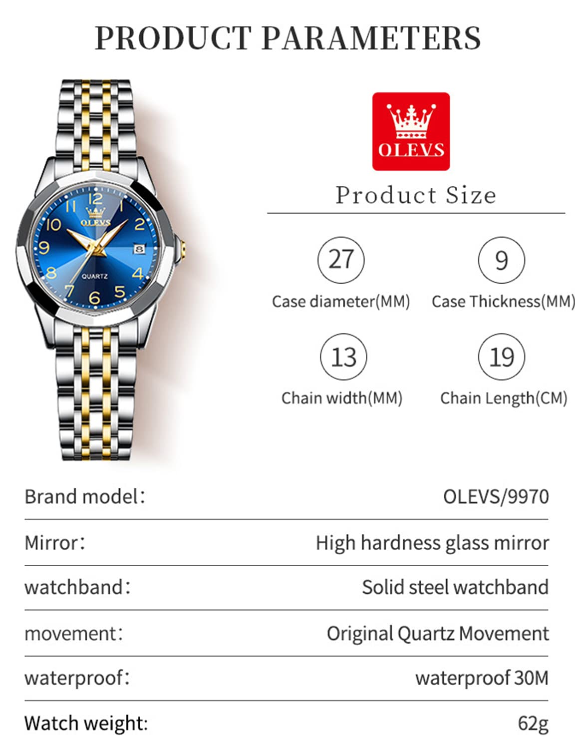 OLEVS Womens Watch Fashion Dress Diamond Female Watches for Ladies Analog Quartz Stainless Steel Waterproof Luminous Day Date Two Tone Wristwatch