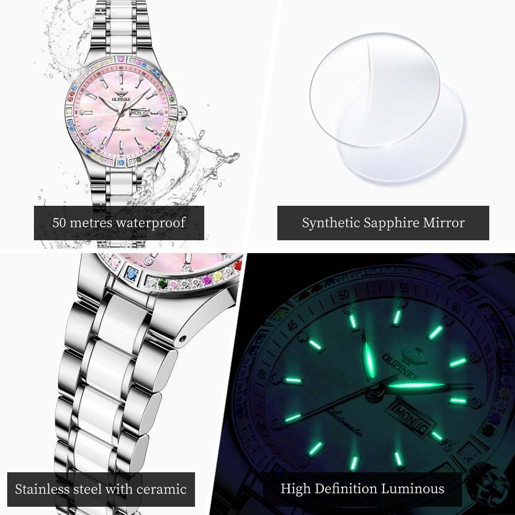 OLEVS Womens Watch Fashion Dress Diamond Female Watches for Ladies Analog Quartz Stainless Steel Waterproof Luminous Day Date Two Tone Wristwatch