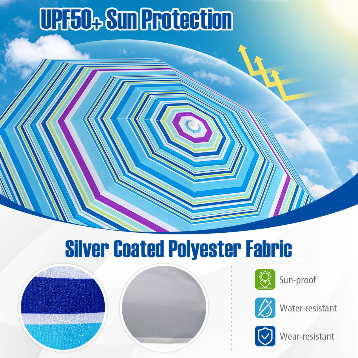 Beach Umbrella 6.5 FT with UPF 50+ and Sand Anchor
