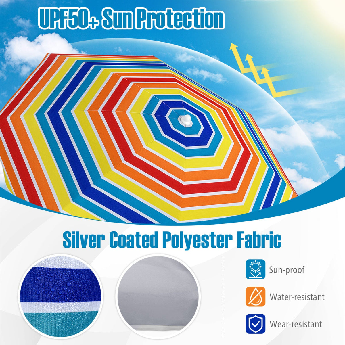 Beach Umbrella 6.5 FT with UPF 50+ and Sand Anchor