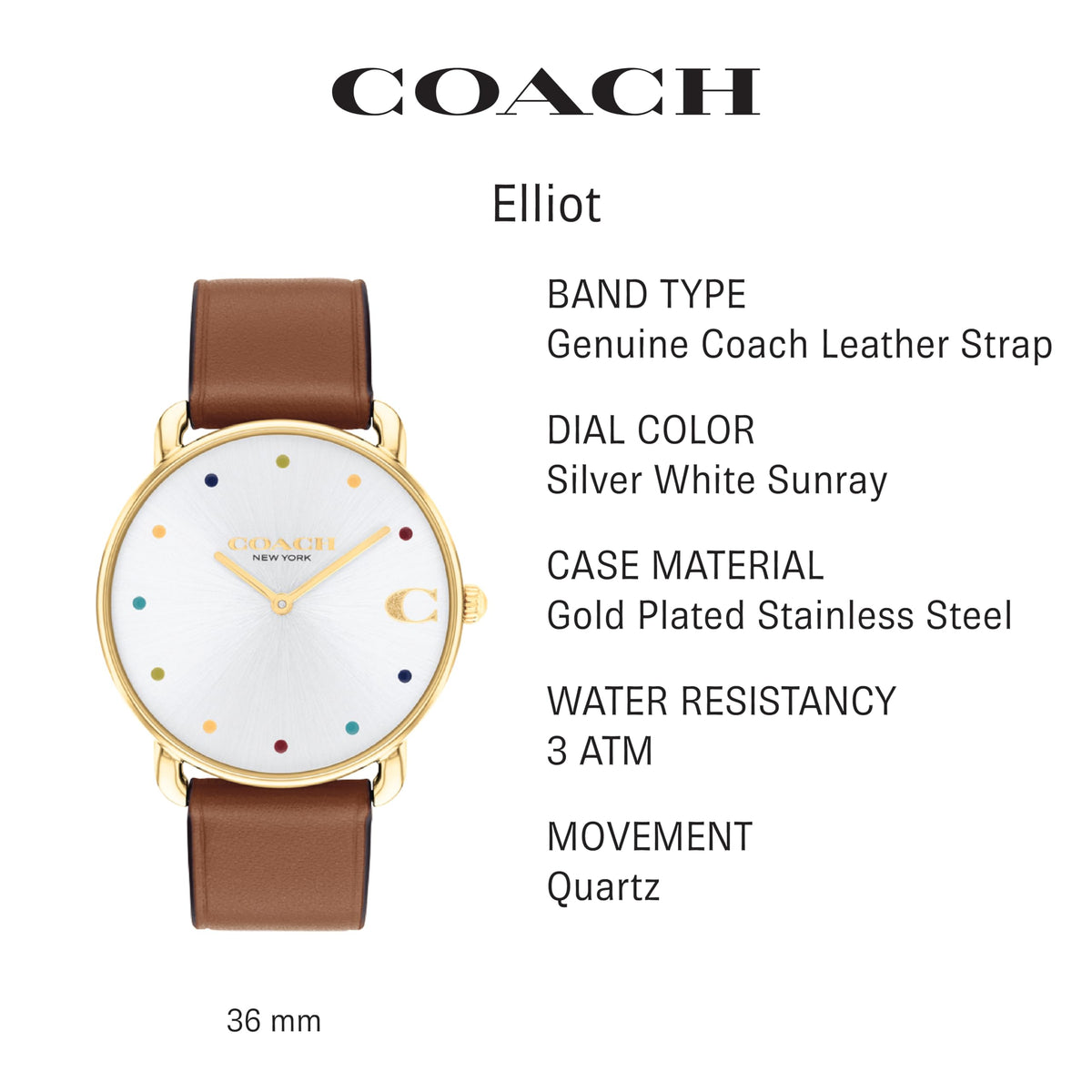 Coach Elliot Women's Watch | Sleek and Minimalist in Design | Timeless Style for Any Occasion | Gifts for Her | Water-Resistant | 36 mm