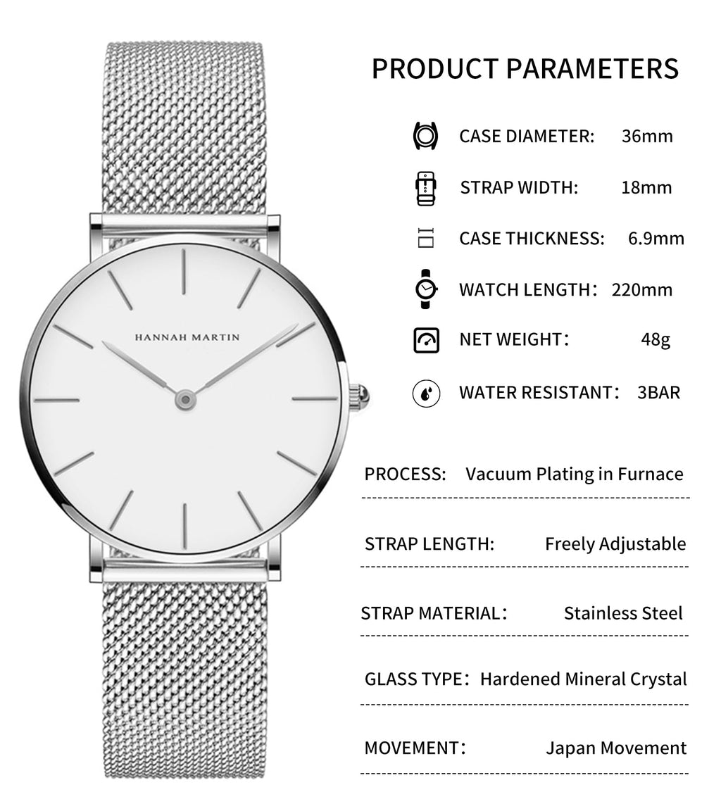 HANNAH MARTIN Watches for Women Analog Women's Watch with Stainless Steel Expansion Band Minimalist Slim Dial 30M Waterproof Ladies Dress Wristwatch for Casual Daily Business