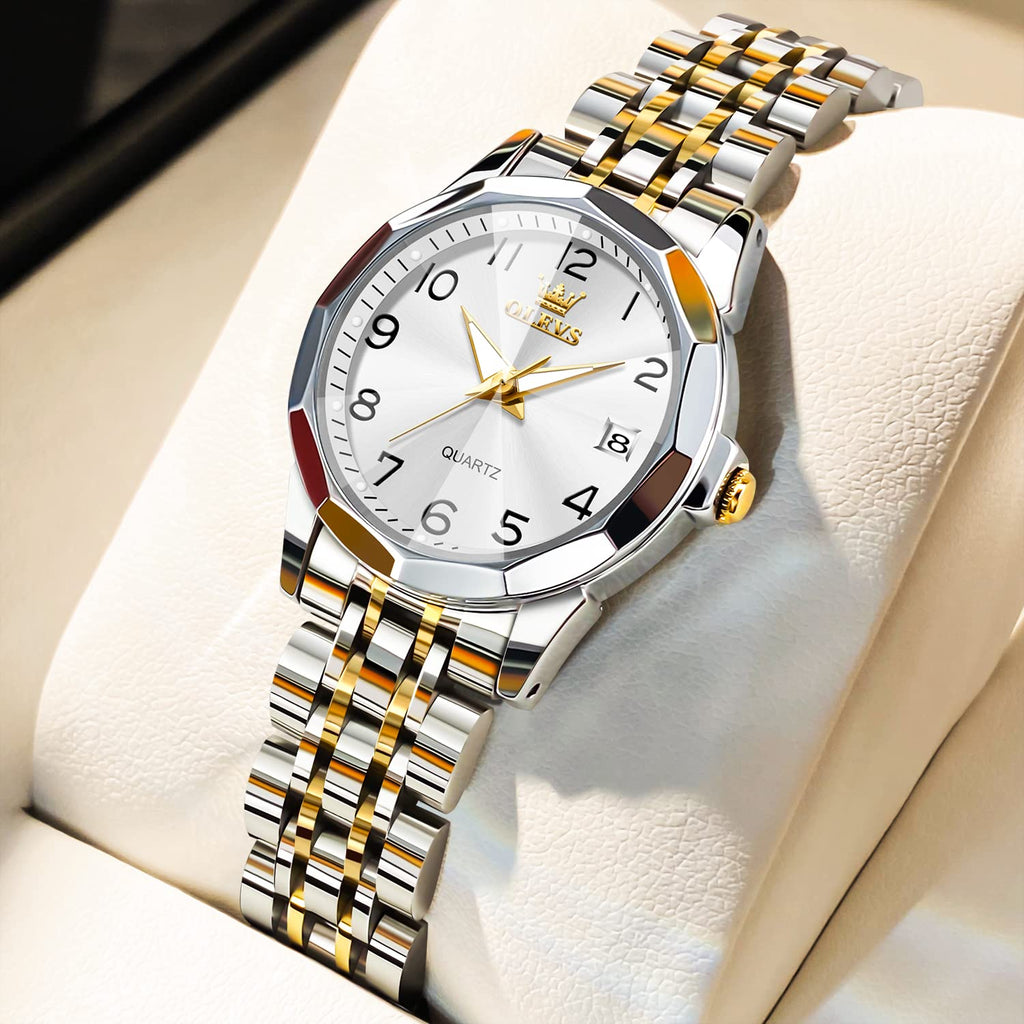 OLEVS Womens Watch Fashion Dress Diamond Female Watches for Ladies Analog Quartz Stainless Steel Waterproof Luminous Day Date Two Tone Wristwatch