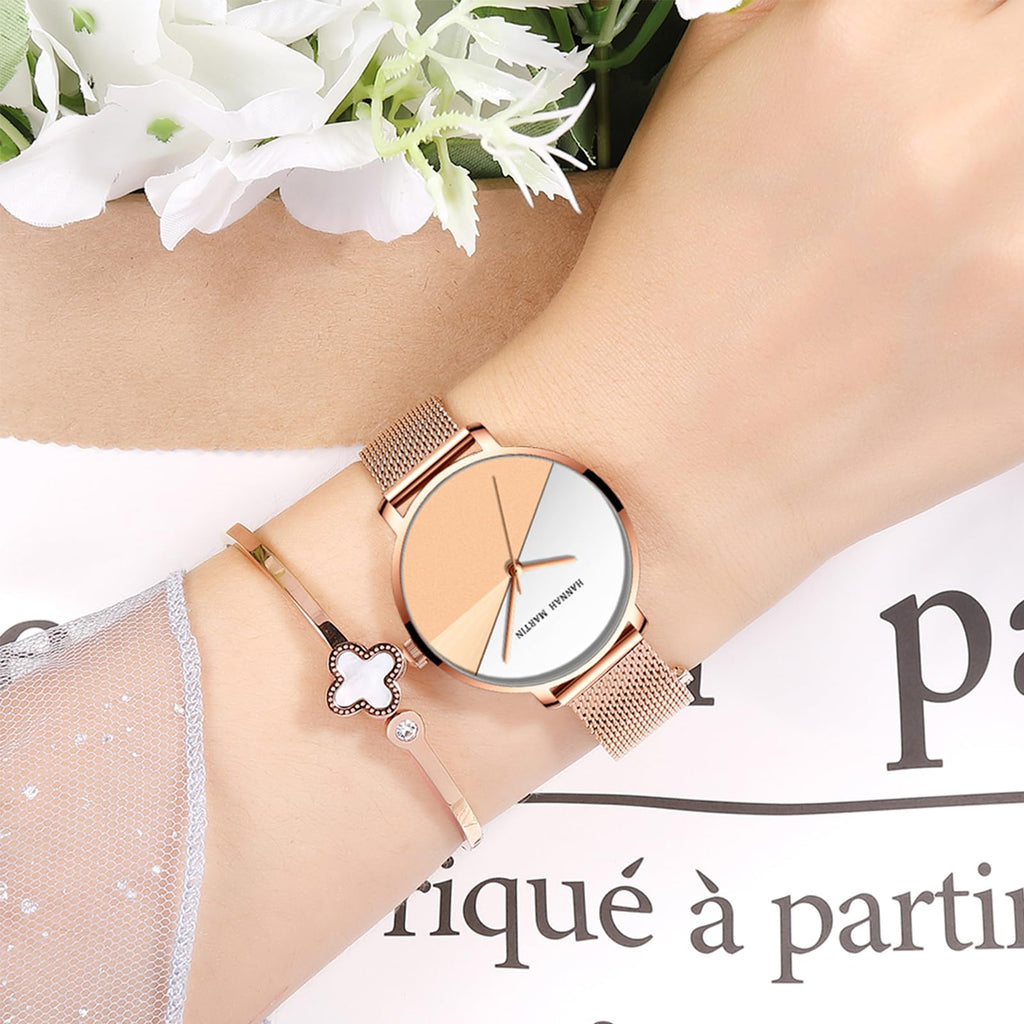 HANNAH MARTIN Watches for Women Analog Women's Watch with Stainless Steel Expansion Band Minimalist Slim Dial 30M Waterproof Ladies Dress Wristwatch for Casual Daily Business