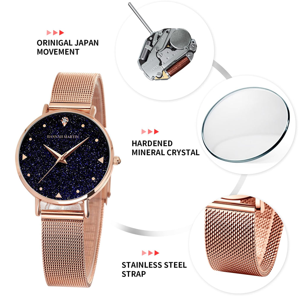 HANNAH MARTIN Watches for Women Analog Women's Watch with Stainless Steel Expansion Band Minimalist Slim Dial 30M Waterproof Ladies Dress Wristwatch for Casual Daily Business