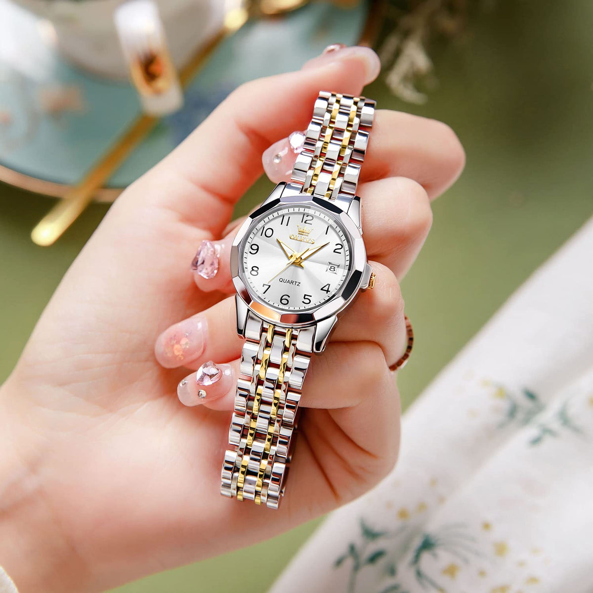 OLEVS Womens Watch Fashion Dress Diamond Female Watches for Ladies Analog Quartz Stainless Steel Waterproof Luminous Day Date Two Tone Wristwatch