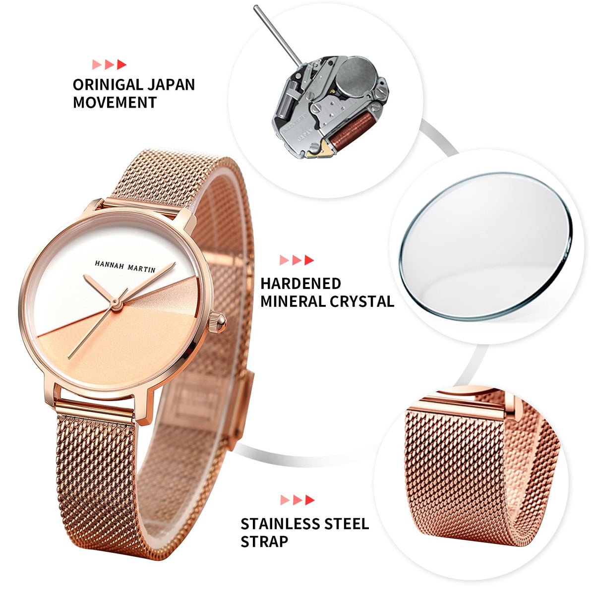 HANNAH MARTIN Watches for Women Analog Women's Watch with Stainless Steel Expansion Band Minimalist Slim Dial 30M Waterproof Ladies Dress Wristwatch for Casual Daily Business