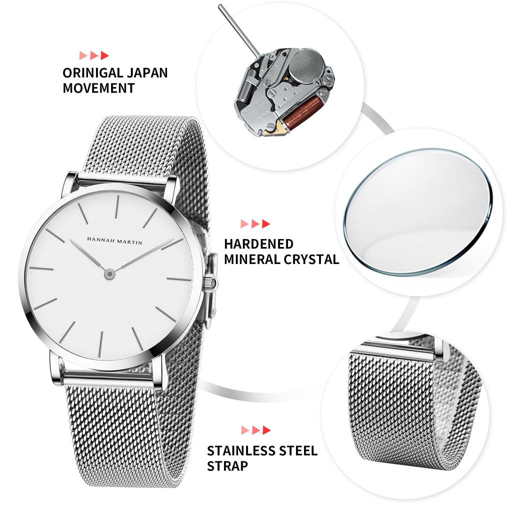 HANNAH MARTIN Watches for Women Analog Women's Watch with Stainless Steel Expansion Band Minimalist Slim Dial 30M Waterproof Ladies Dress Wristwatch for Casual Daily Business