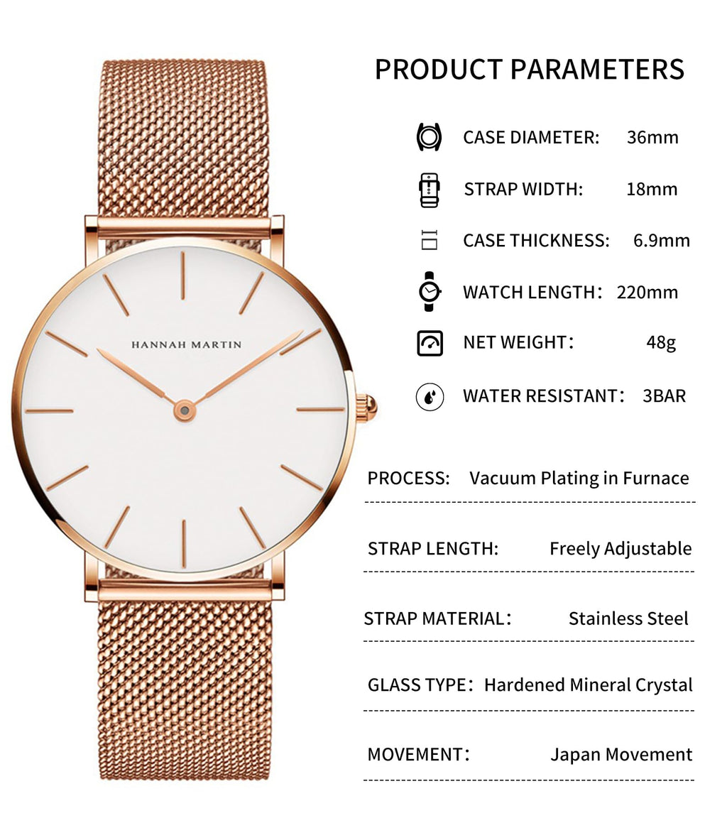 HANNAH MARTIN Watches for Women Analog Women's Watch with Stainless Steel Expansion Band Minimalist Slim Dial 30M Waterproof Ladies Dress Wristwatch for Casual Daily Business