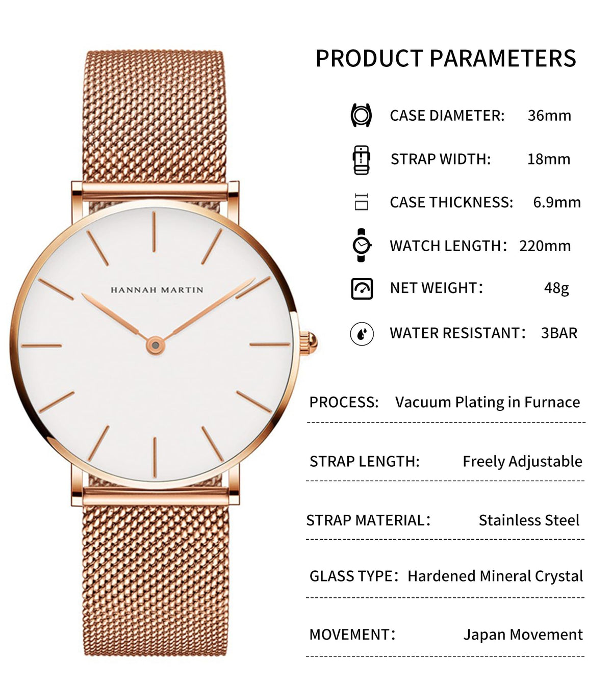 HANNAH MARTIN Watches for Women Analog Women's Watch with Stainless Steel Expansion Band Minimalist Slim Dial 30M Waterproof Ladies Dress Wristwatch for Casual Daily Business