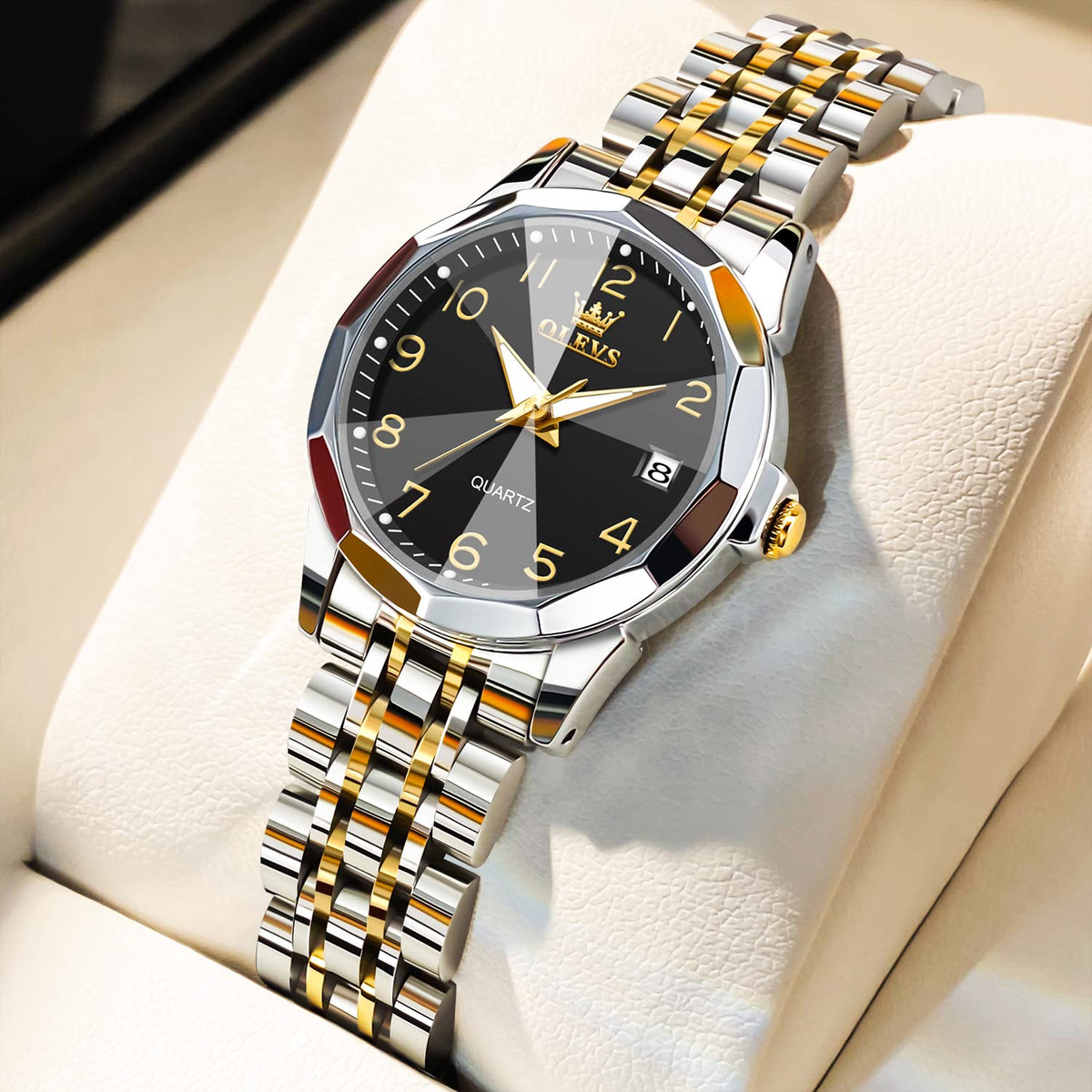 OLEVS Womens Watch Fashion Dress Diamond Female Watches for Ladies Analog Quartz Stainless Steel Waterproof Luminous Day Date Two Tone Wristwatch