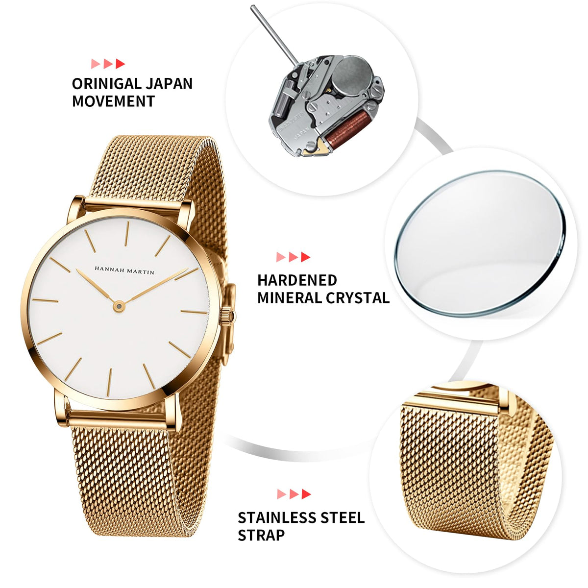 HANNAH MARTIN Watches for Women Analog Women's Watch with Stainless Steel Expansion Band Minimalist Slim Dial 30M Waterproof Ladies Dress Wristwatch for Casual Daily Business