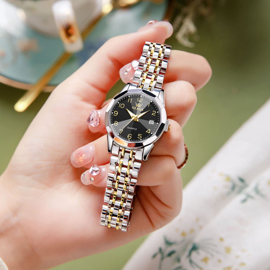 OLEVS Womens Watch Fashion Dress Diamond Female Watches for Ladies Analog Quartz Stainless Steel Waterproof Luminous Day Date Two Tone Wristwatch