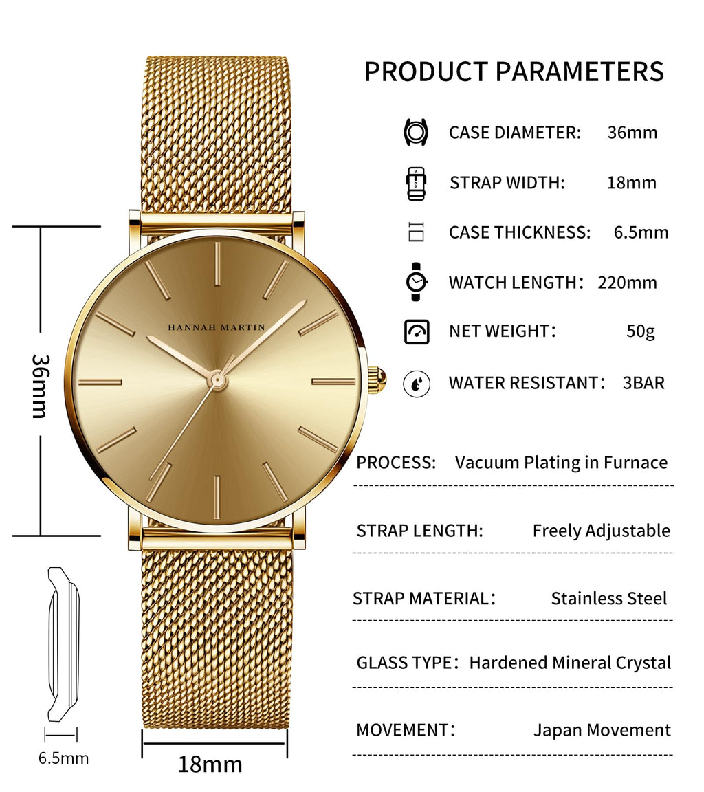 HANNAH MARTIN Watches for Women Analog Women's Watch with Stainless Steel Expansion Band Minimalist Slim Dial 30M Waterproof Ladies Dress Wristwatch for Casual Daily Business