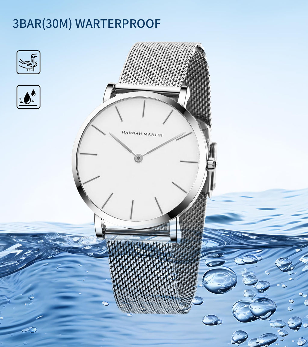 HANNAH MARTIN Watches for Women Analog Women's Watch with Stainless Steel Expansion Band Minimalist Slim Dial 30M Waterproof Ladies Dress Wristwatch for Casual Daily Business