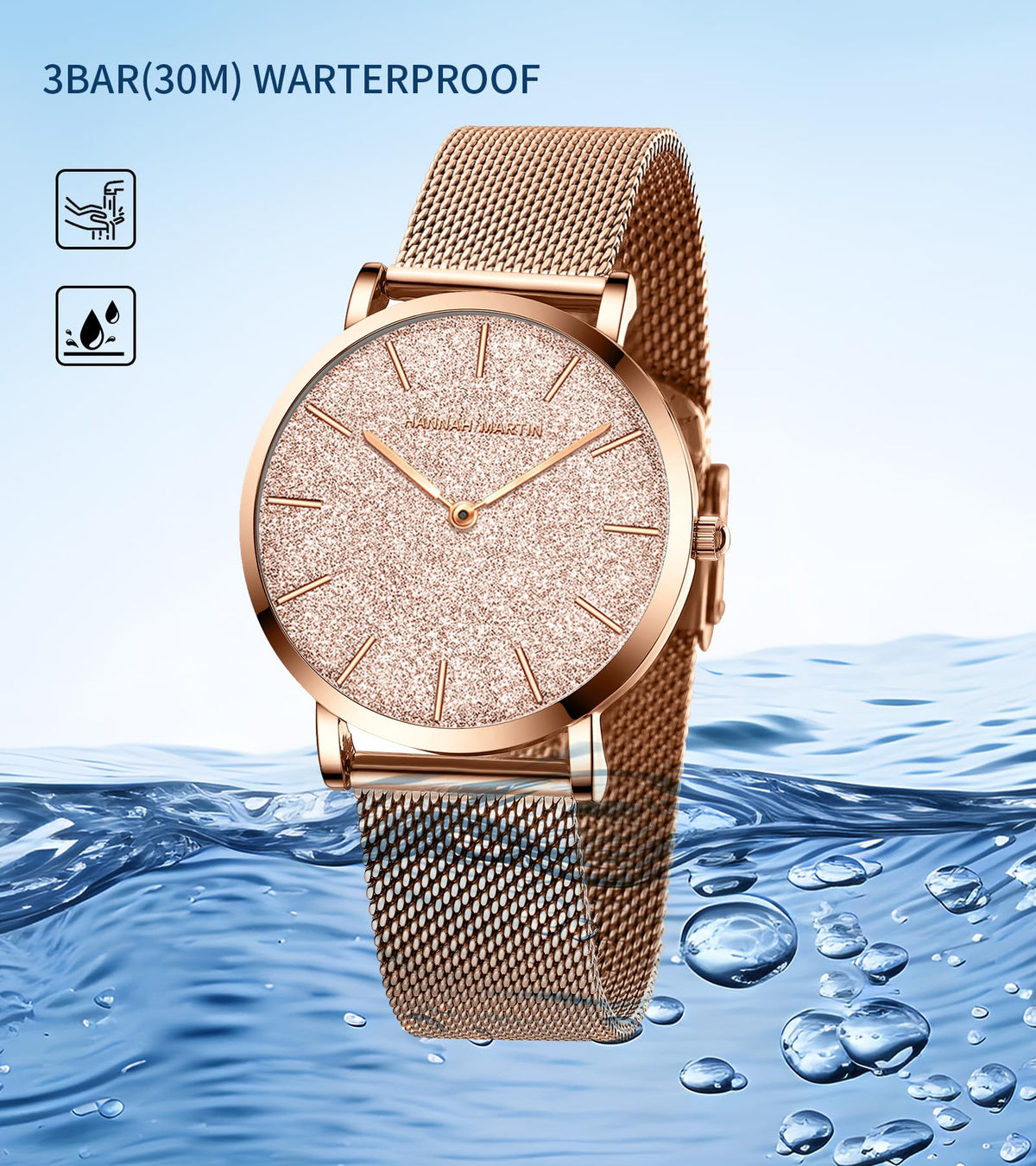 HANNAH MARTIN Watches for Women Analog Women's Watch with Stainless Steel Expansion Band Minimalist Slim Dial 30M Waterproof Ladies Dress Wristwatch for Casual Daily Business