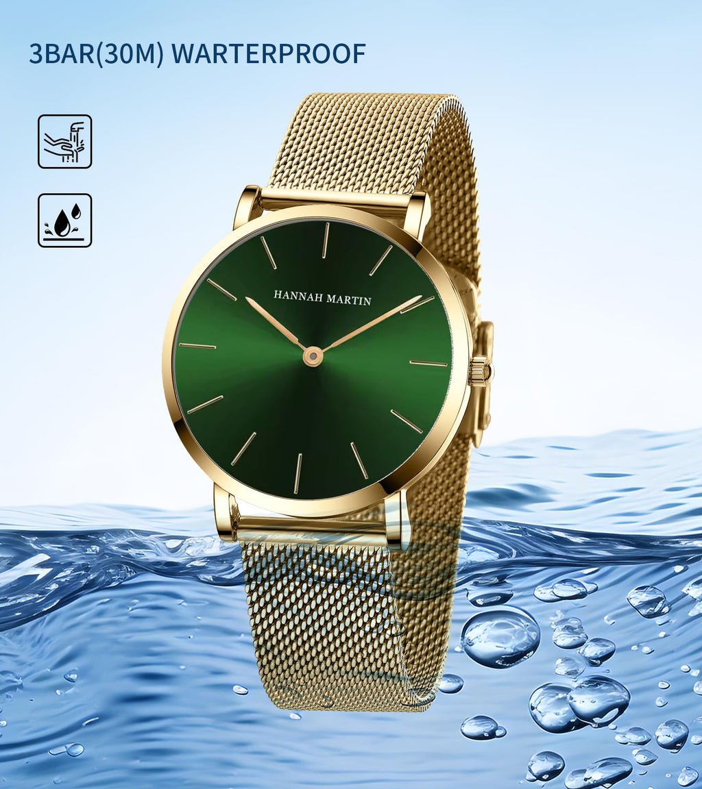 HANNAH MARTIN Watches for Women Analog Women's Watch with Stainless Steel Expansion Band Minimalist Slim Dial 30M Waterproof Ladies Dress Wristwatch for Casual Daily Business