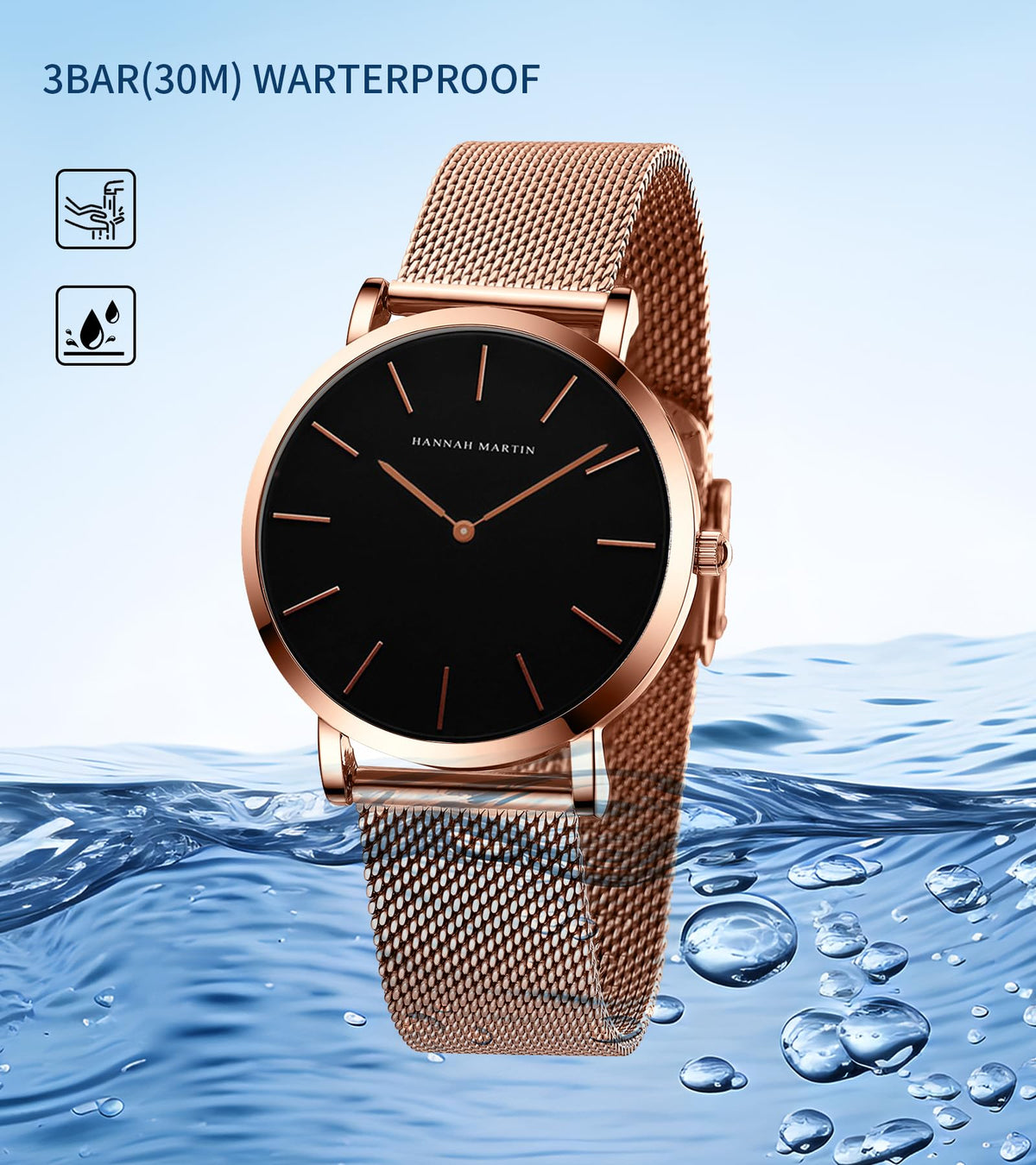 HANNAH MARTIN Watches for Women Analog Women's Watch with Stainless Steel Expansion Band Minimalist Slim Dial 30M Waterproof Ladies Dress Wristwatch for Casual Daily Business