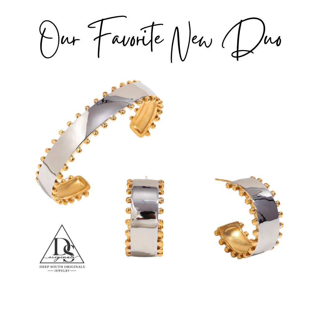 Bold Duo Cuff Bracelet 18k Gold Mixed Metal Non Tarnish Waterproof