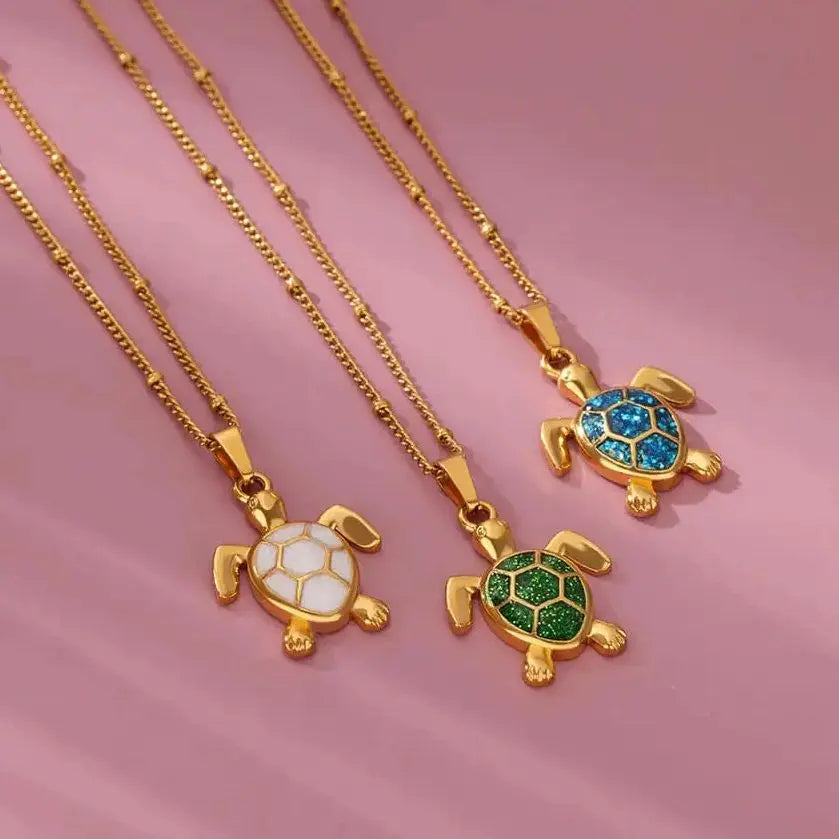 Colored Turtle Pendant Necklace for Women Summer Beach Female Charm Necklace Beads Chain Cute Stainless Steel Jewelry collar