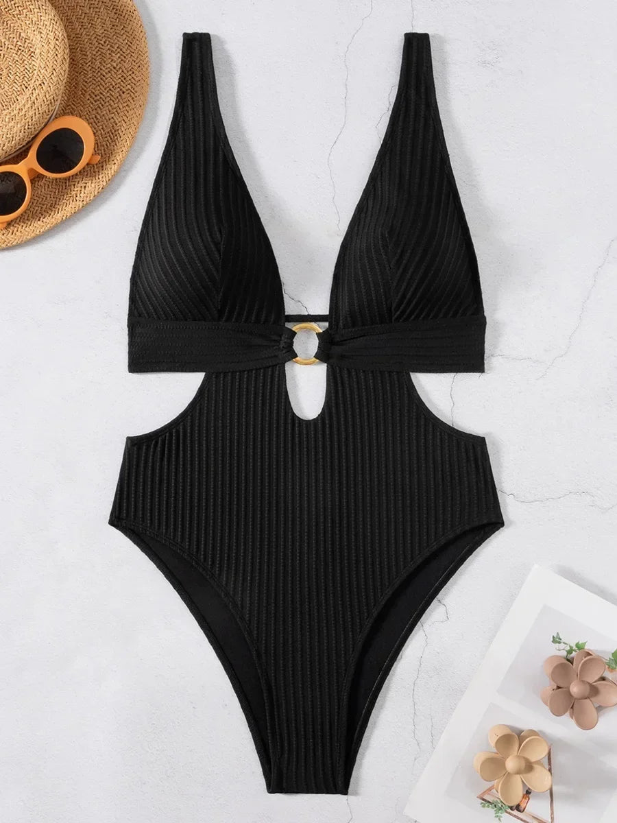 Striped Deep V Neck Cut Out Female Swimwear One Piece Swimsuit Women High Leg Cut Monokini Backless Bathing Suit Swim Bodysuit