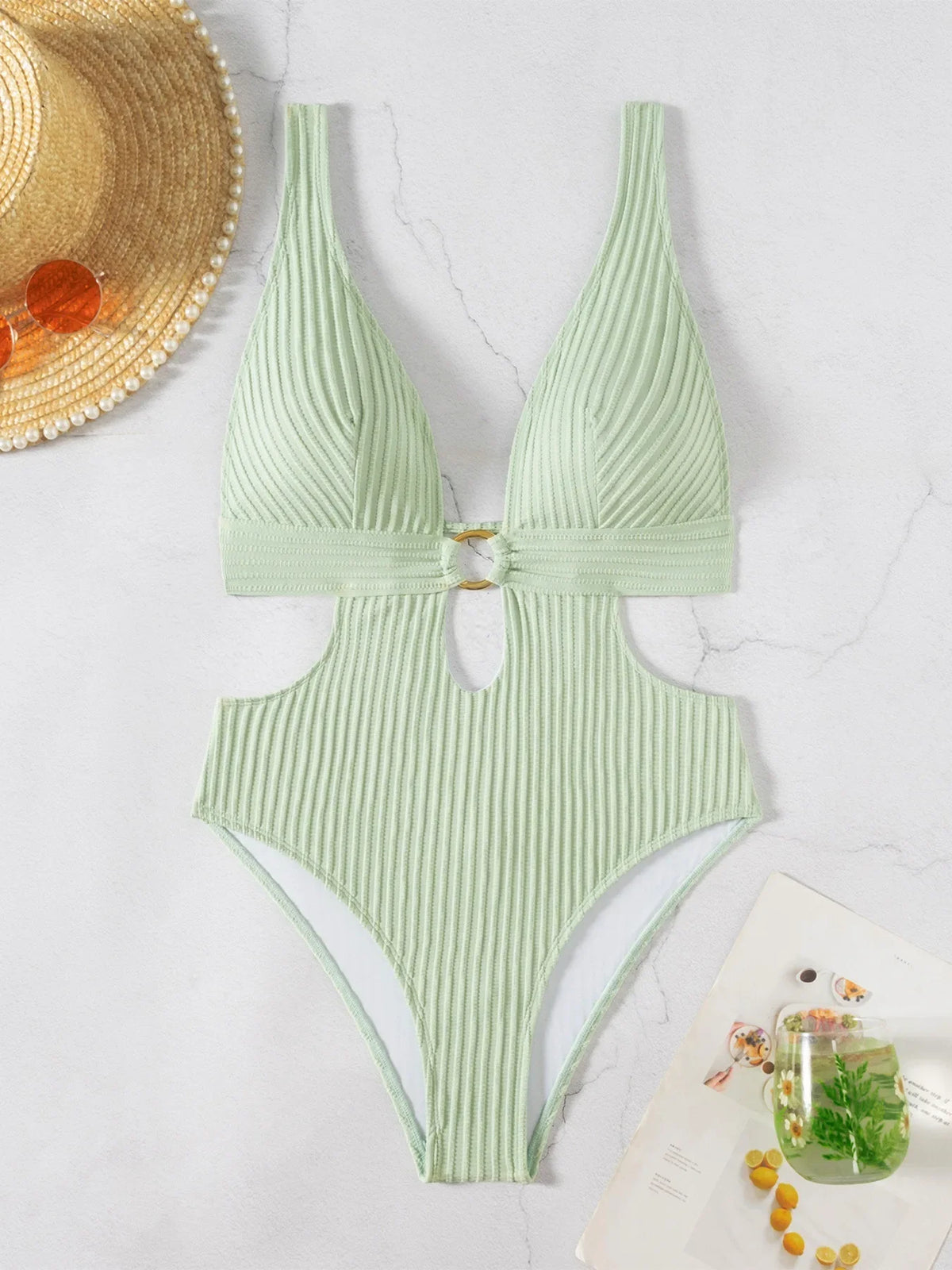 Striped Deep V Neck Cut Out Female Swimwear One Piece Swimsuit Women High Leg Cut Monokini Backless Bathing Suit Swim Bodysuit