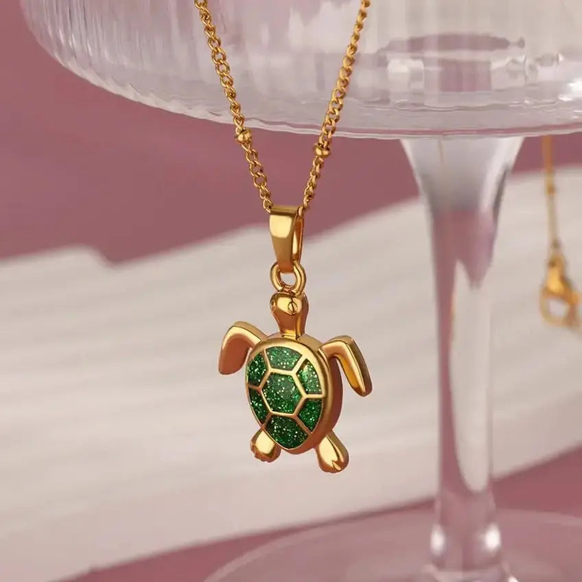 Colored Turtle Pendant Necklace for Women Summer Beach Female Charm Necklace Beads Chain Cute Stainless Steel Jewelry collar