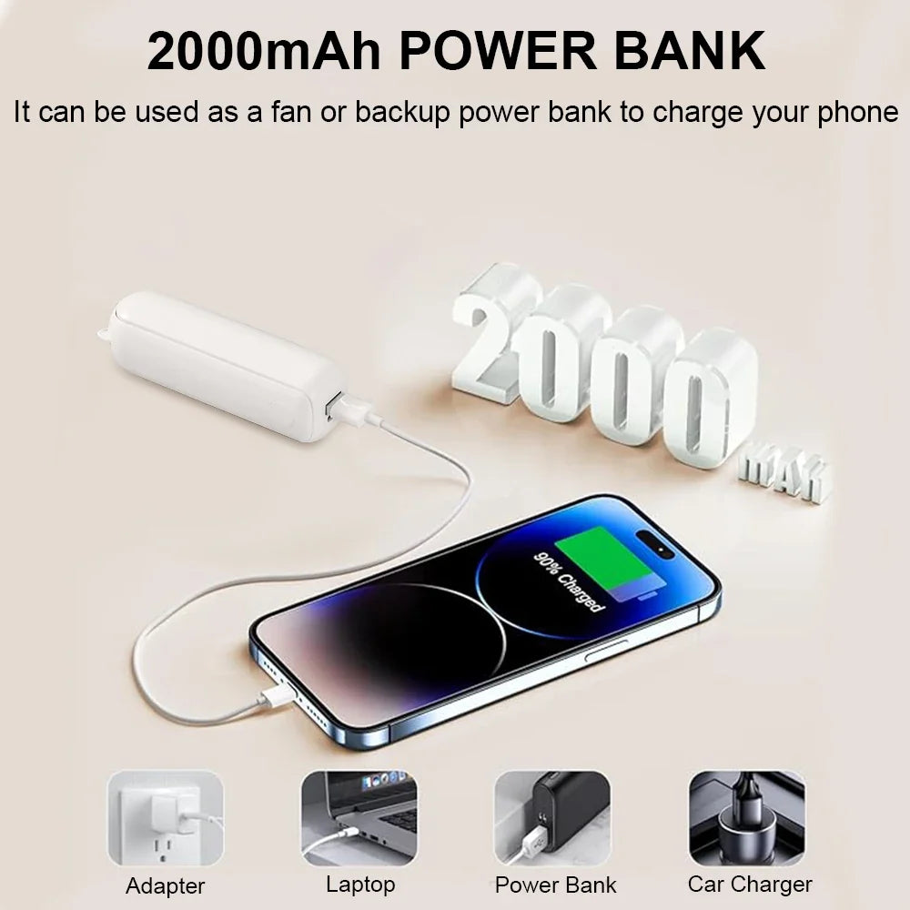 Portable Fan 2000mAh USB Rechargeable 3 Speed Mini Handheld Foldable Fan Hand Held Small Pocket Travel Fan with Handy Power Bank