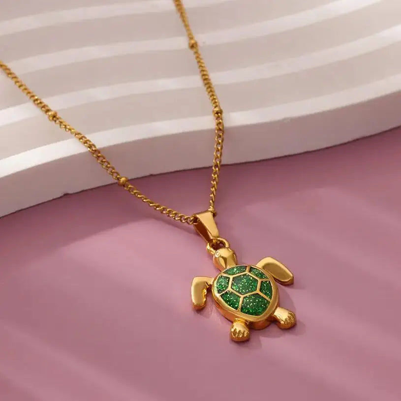 Colored Turtle Pendant Necklace for Women Summer Beach Female Charm Necklace Beads Chain Cute Stainless Steel Jewelry collar