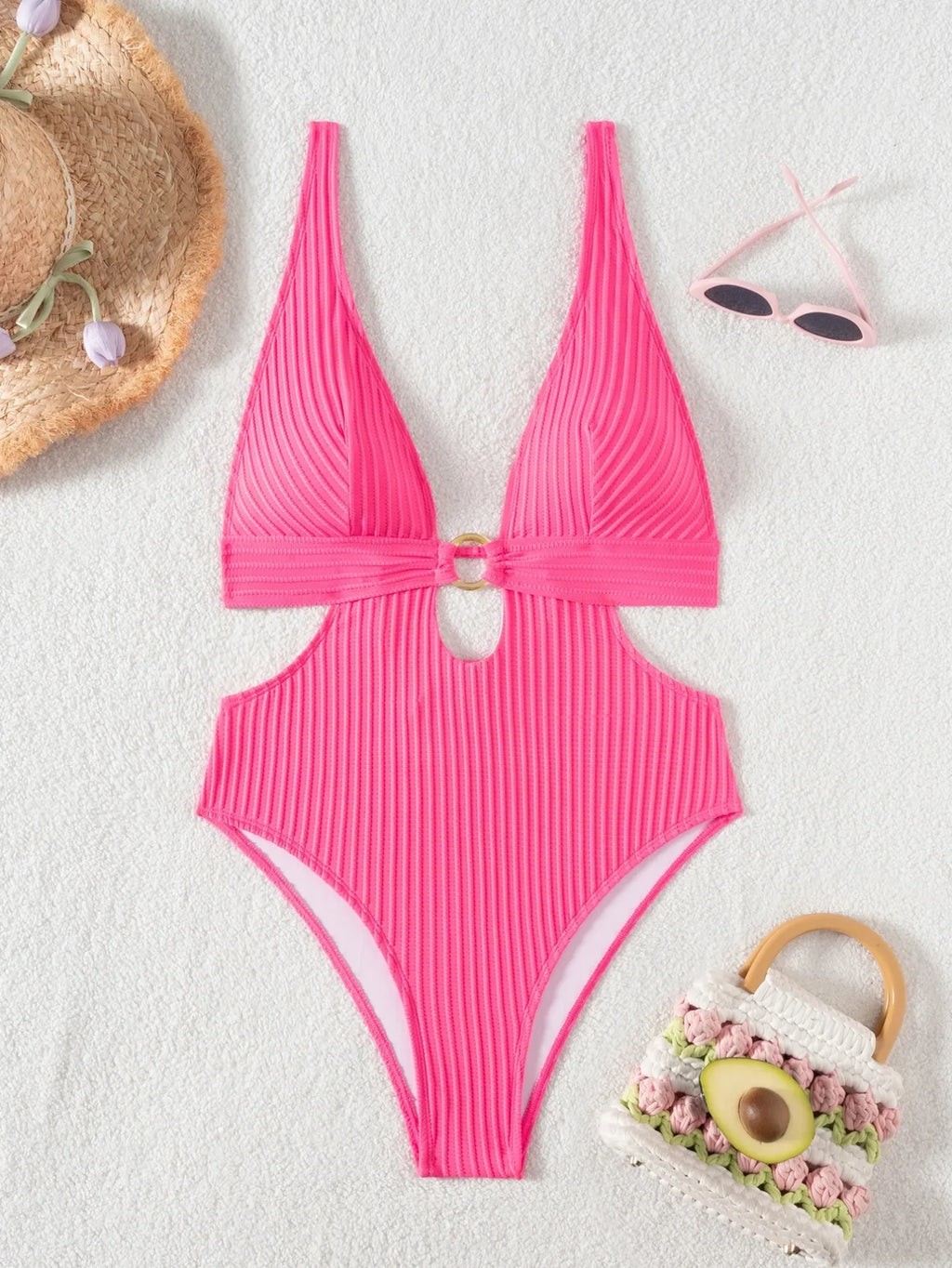 Striped Deep V Neck Cut Out Female Swimwear One Piece Swimsuit Women High Leg Cut Monokini Backless Bathing Suit Swim Bodysuit