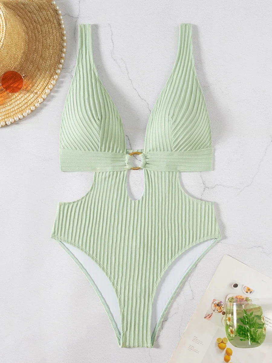 Striped Deep V Neck Cut Out Female Swimwear One Piece Swimsuit Women High Leg Cut Monokini Backless Bathing Suit Swim Bodysuit