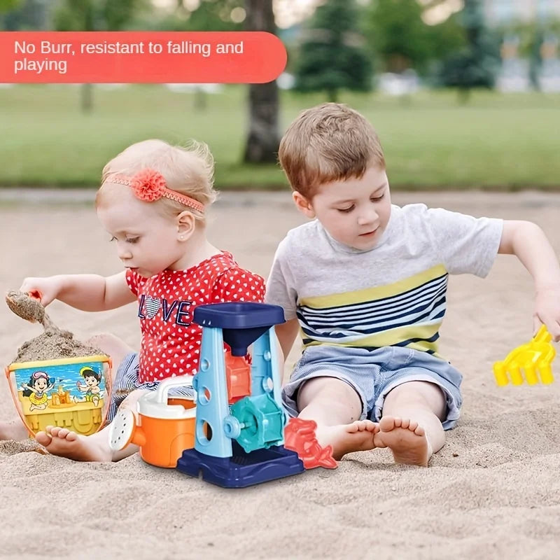 Kids Beach Toy Set With Sand Wheel, Bucket, Shovel, Rake & Sailboat Molds — Summer Sandbox Play
