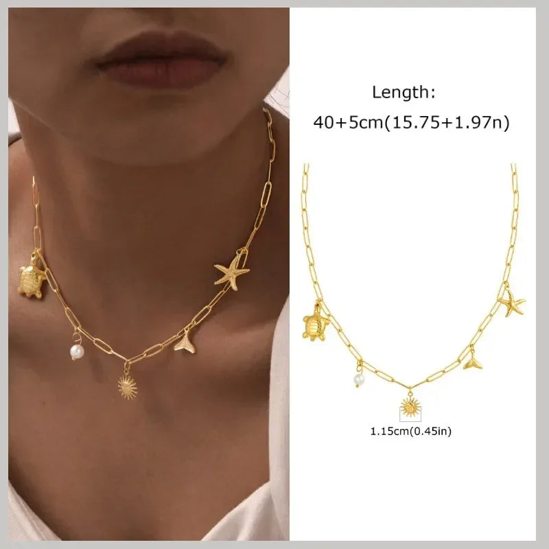 18k Gold Plated Pearl Shell Conch Starfish Summer Beach Necklace, Charms Necklace for Women,Stainless Steel Waterproof Jewelry