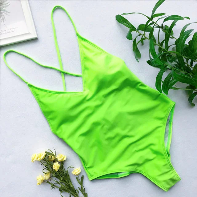 S - XXL V Neck Scrunch Butt Female Swimwear One Piece Swimsuit Women Backless Monokini High Cut Leg Bathing Suit Swim Bodysuit