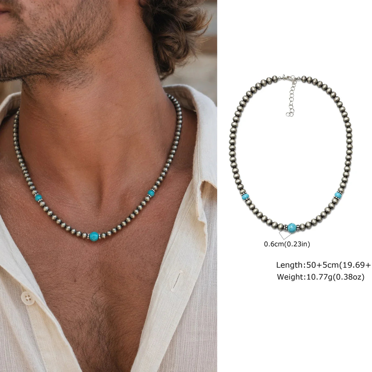 Synthetic Turquoise Necklace for Men | Natural Stone Mini Beads Summer Beach Bohemian Jewelry