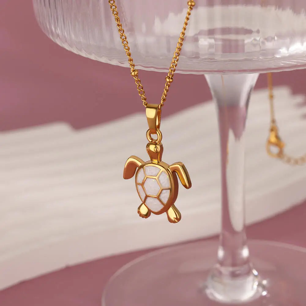 Colored Turtle Pendant Necklace for Women Summer Beach Female Charm Necklace Beads Chain Cute Stainless Steel Jewelry collar