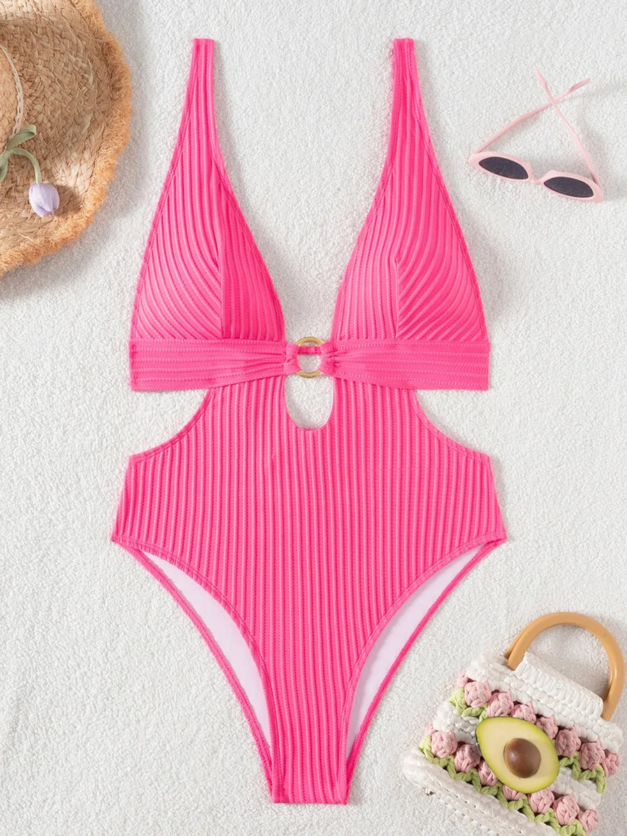 Striped Deep V Neck Cut Out Female Swimwear One Piece Swimsuit Women High Leg Cut Monokini Backless Bathing Suit Swim Bodysuit