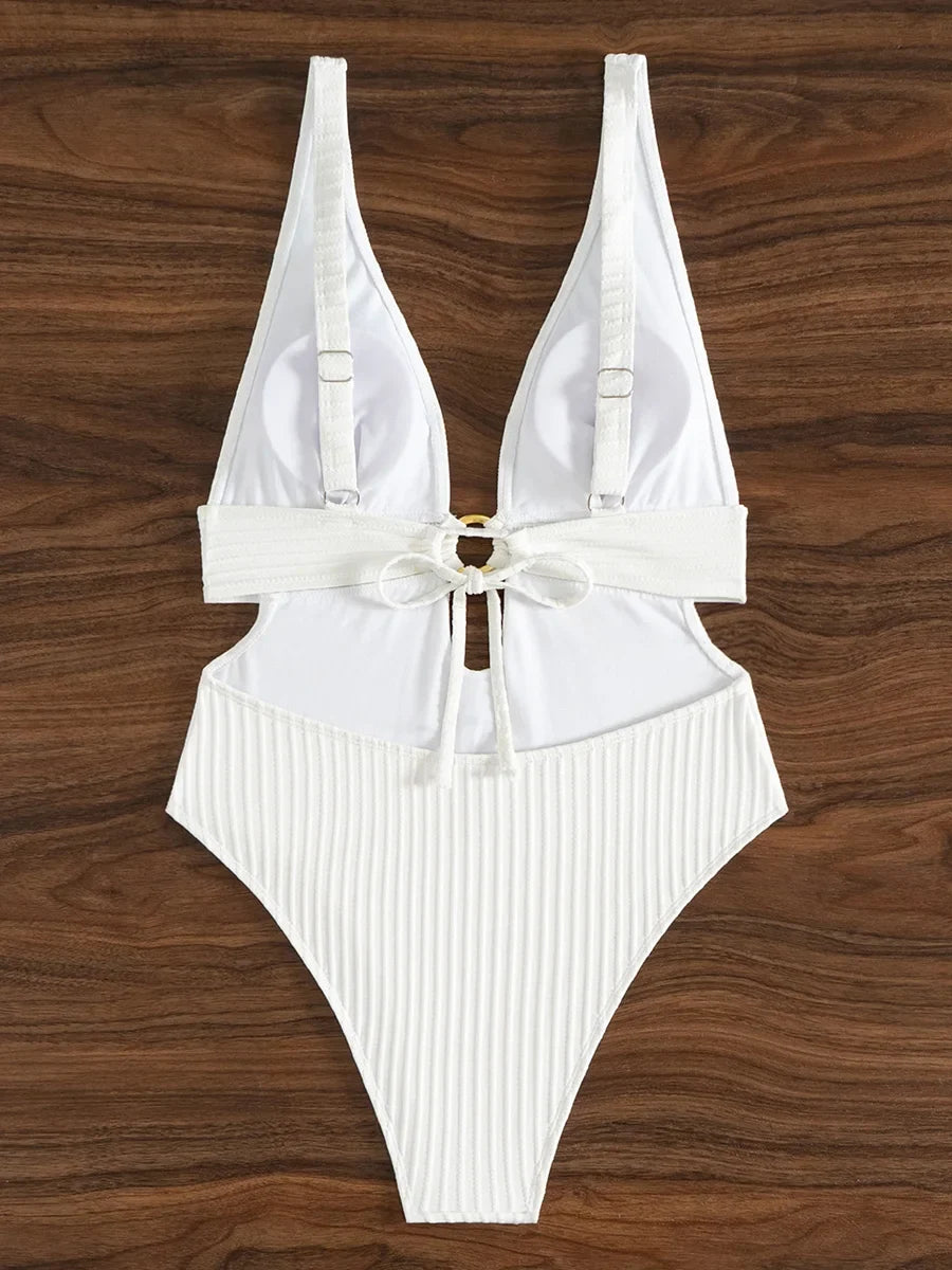 Striped Deep V Neck Cut Out Female Swimwear One Piece Swimsuit Women High Leg Cut Monokini Backless Bathing Suit Swim Bodysuit