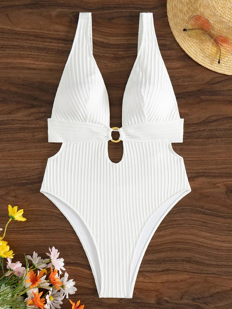 Striped Deep V Neck Cut Out Female Swimwear One Piece Swimsuit Women High Leg Cut Monokini Backless Bathing Suit Swim Bodysuit