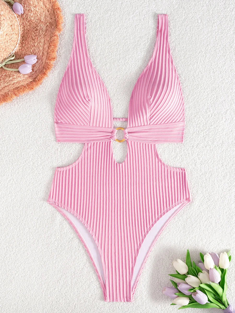 Striped Deep V Neck Cut Out Female Swimwear One Piece Swimsuit Women High Leg Cut Monokini Backless Bathing Suit Swim Bodysuit