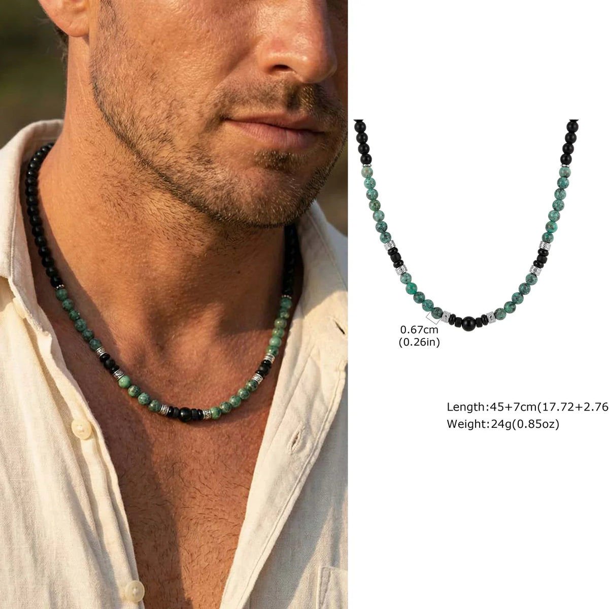 Synthetic Turquoise Necklace for Men | Natural Stone Mini Beads Summer Beach Bohemian Jewelry