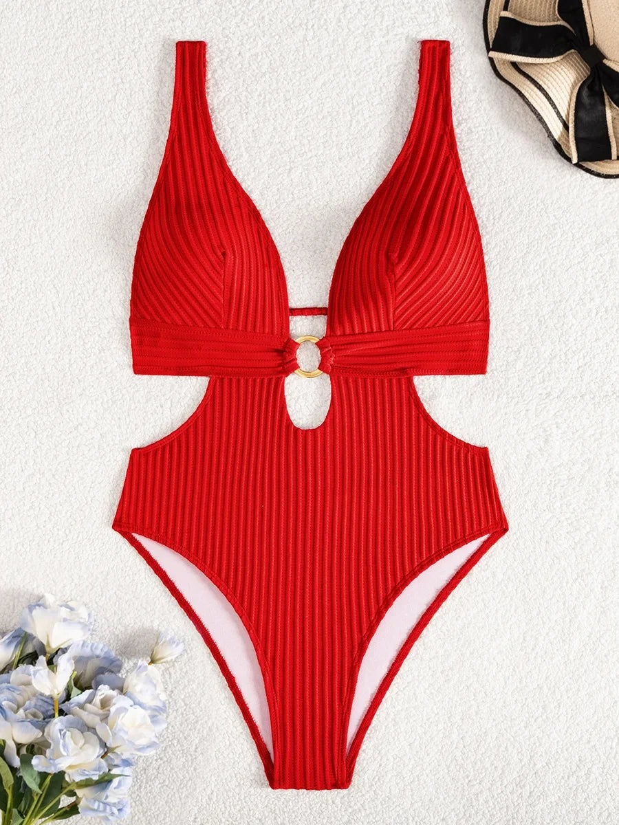 Striped Deep V Neck Cut Out Female Swimwear One Piece Swimsuit Women High Leg Cut Monokini Backless Bathing Suit Swim Bodysuit